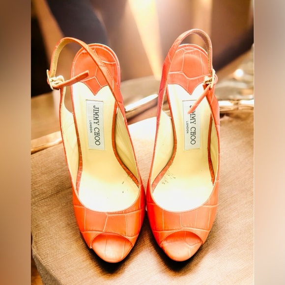 Jimmy Choo Vibrant Orange Peep-Toe Heels - Picture 1 of 12